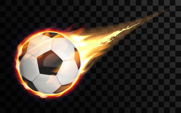 Balón de fútbol volador, ardiendo con fuego. Bola de fuego brillante de  fútbol sobre fondo transparente. | Vector Premium